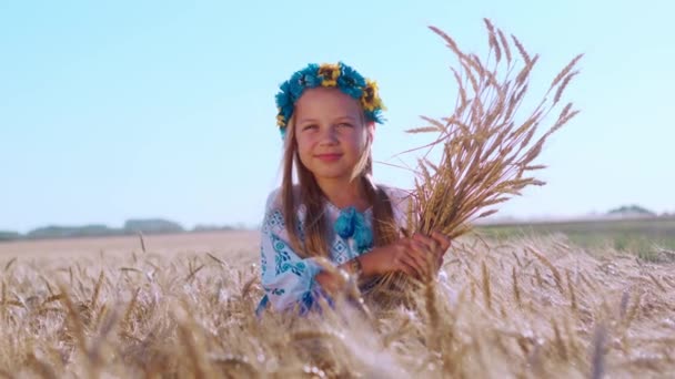 小麦畑のスパイクレットの間で彼女の頭の上に花輪を持つ少女の肖像画 晴れた夏の日に収穫します 滑らかなカメラの動き — ストック動画