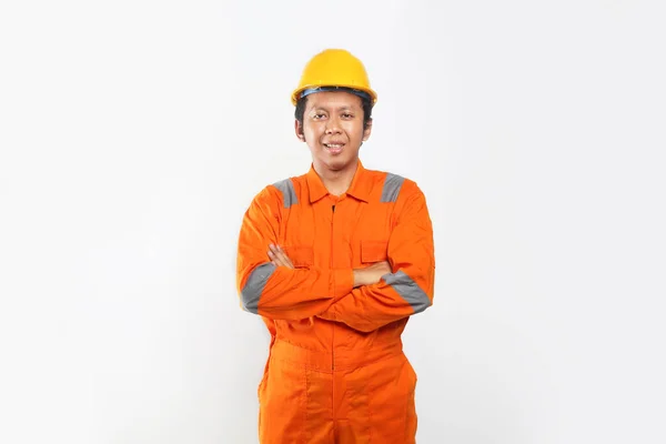 Construção Civil Trabalhador Cruzado Braço Com Rosto Asiático Homem Isolado — Fotografia de Stock