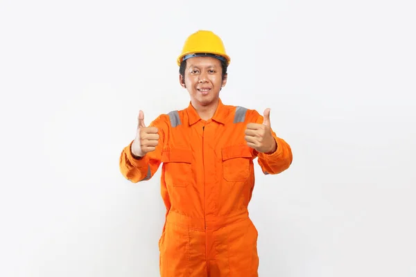 Constructie Samenwerking Duim Geïsoleerd Met Gezicht Aziatische Man Werknemer — Stockfoto