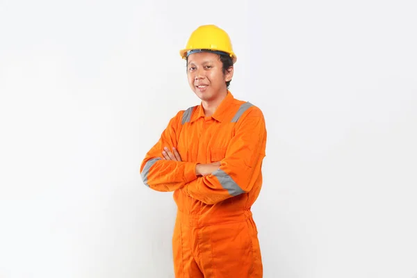 Bauarbeiter Arbeitet Gekreuzten Arm Mit Gesicht Asiatischer Mann Isoliert — Stockfoto