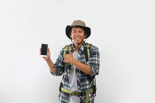 Pendaki Terisolasi Dengan Smartphone Dan Ibu Jari — Stok Foto