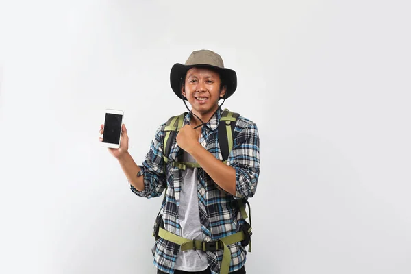 Man Wandelen Isoilated Succes Met Smartphone — Stockfoto