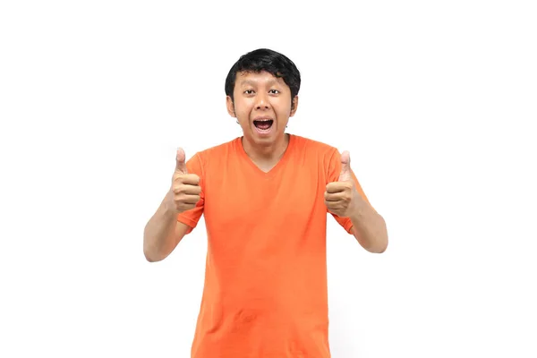 Shock Asiatici Con Pollice Utilizzando Arancione Shirt Incredibile Uomo Asia — Foto Stock