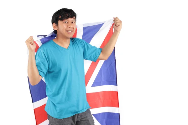 Aziatische Man Vlag Groot Britain Geïsoleerd Met Blauw Shirt — Stockfoto