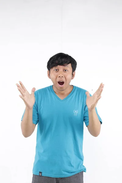 Gesture Surprised Asian Man Isolated Blue Shirt — Stock Photo, Image