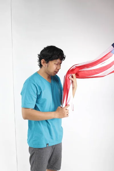 Hand Holding Usa Flag Isolated Blue Shirt — Stok Foto