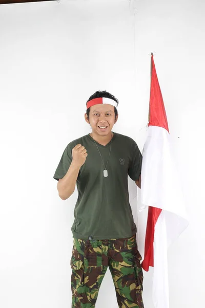 Patriot Indonesia Manusia Memegang Bendera Dengan Teriakan Dan Gerakan Tangan — Stok Foto