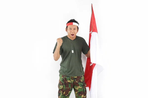 Indonesian Military Man Gesture Success Holding Flag — Stock Photo, Image