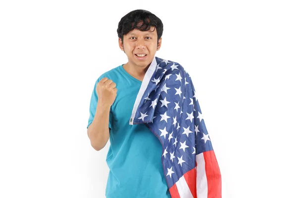 Hombre Sosteniendo Bandera Americana Con Éxito Mano Aislado — Foto de Stock