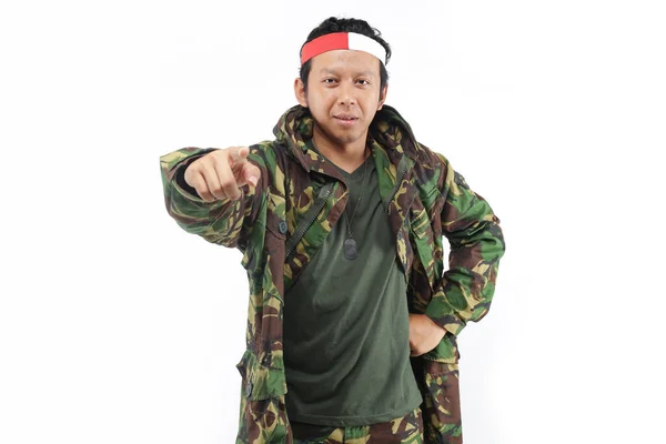 Vojenská Indonésie Muž Stojící Gestem Chci Abyste Pomocí Armády Módy — Stock fotografie