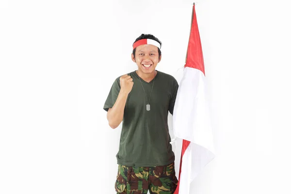 Patriot Indonesien Man Framgång Ler Ser Fram Med Flagga — Stockfoto