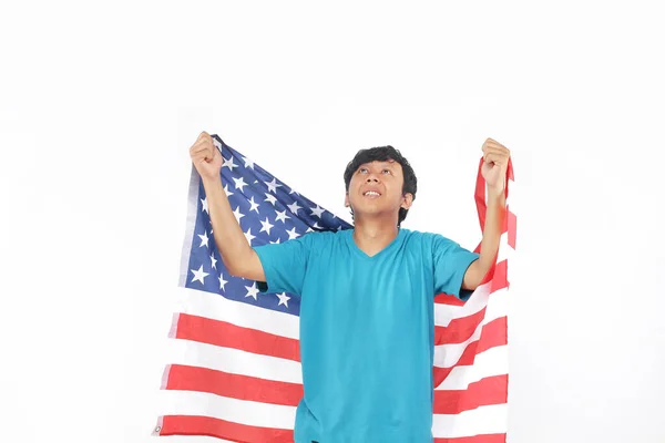 Bandera Los Estados Unidos Mano Sosteniendo Hombre Mirando Hacia Arriba — Foto de Stock