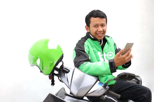 Young Asian Man Rides Motorcycle Scooter White Helmet Smiles Camera — Stock Photo, Image