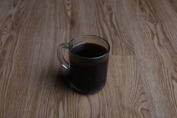 Καφέ Ποτό Ξύλινο Τραπέζι Φόντο — Φωτογραφία Αρχείου