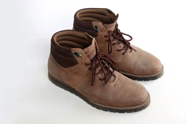 Botas Sapatos Homens Couro Isolado Fundo Branco — Fotografia de Stock