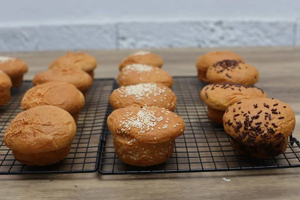 Assorted Buns Wooden Table Closeup Shot — Stock Photo, Image