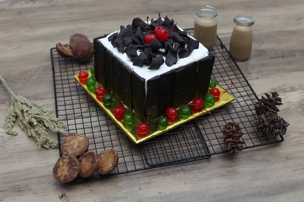 Sweet Homemade Cake Decorated Cherries Chocolate Wooden Table Closeup Shot — Stock Photo, Image