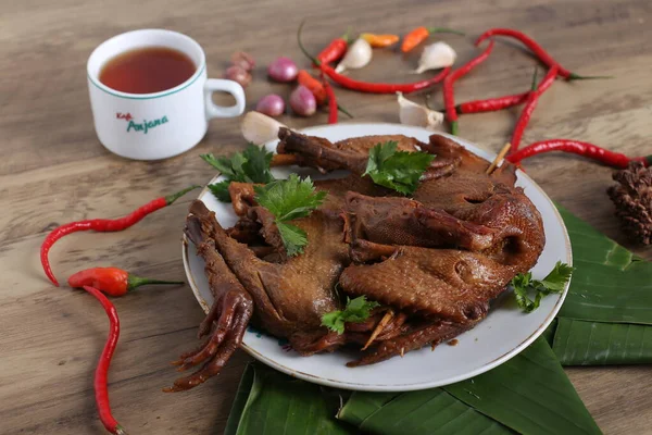 White Plate Fried Chicken Meat Decorated Wooden Table Background — Stock Photo, Image