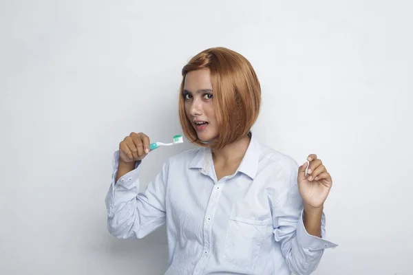 Aziatische Vrouw Die Tanden Poetst Aziatische Vrouw Glimlachen Poetsen Schoonmaken — Stockfoto