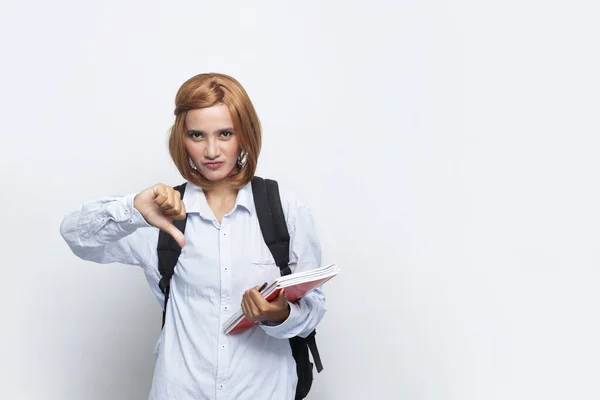 Traurige Studentinnen Isoliert Asiatische Studentin Müde Halten Buch — Stockfoto