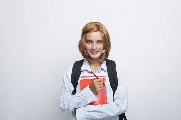 Lächelnde Studenten Mit Buch Und Tasche — Stockfoto