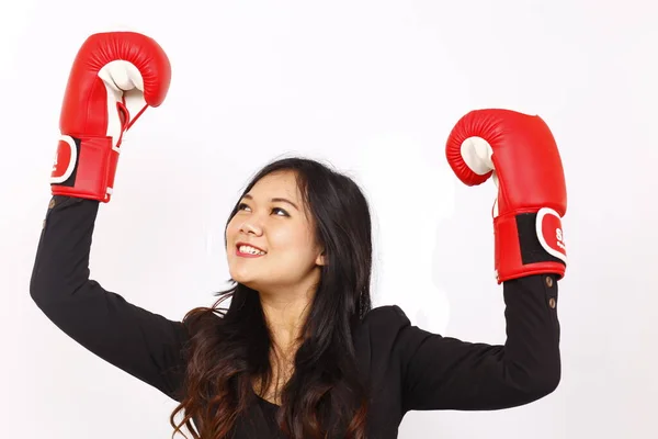Asiatisk Affärskvinna Stark Med Hjälp Hand Boxning — Stockfoto