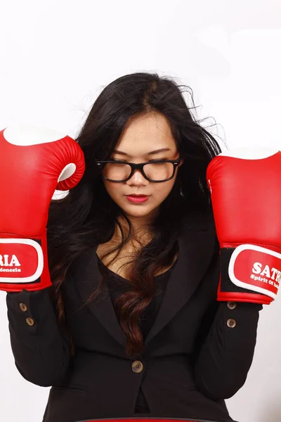 Asiática Mulher Negócios Forte Usando Boxe Mão Jacarta Indonésia Outubro — Fotografia de Stock