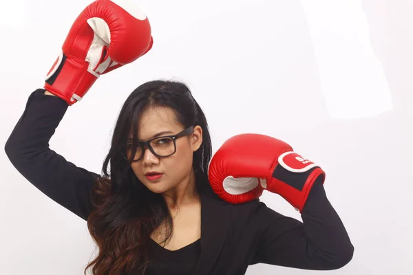 Asian Business Woman Strong Using Hand Boxing — Stock Photo, Image