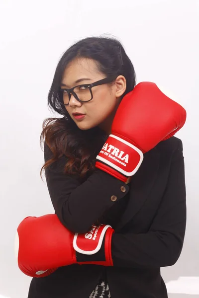 Asiatisk Affärskvinna Stark Med Handboxning Jakarta Indonesien Oktober 2020 — Stockfoto