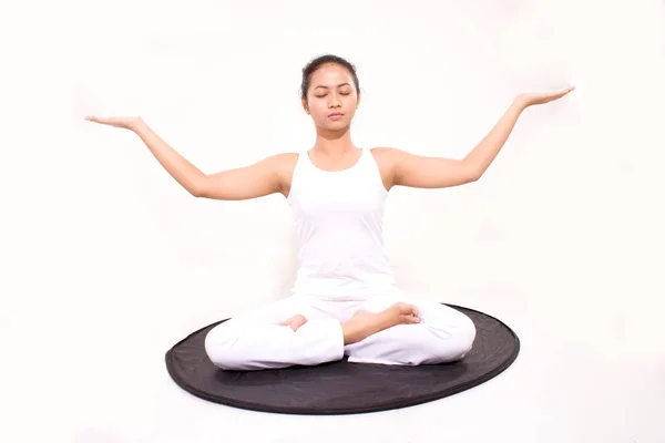 Girl Meditation Asian Women Young Attractive Slim Girl Bodysuit Relaxing — Stock Photo, Image