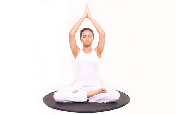 Kvinna Meditation Isolerad Med Pose Lotus Kvinna Mediterar Svart Utrymme — Stockfoto