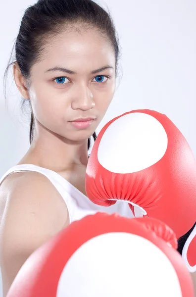 Stilig Muskulös Ung Skönhet Kvinna Asisn Bär Boxningshandskar — Stockfoto