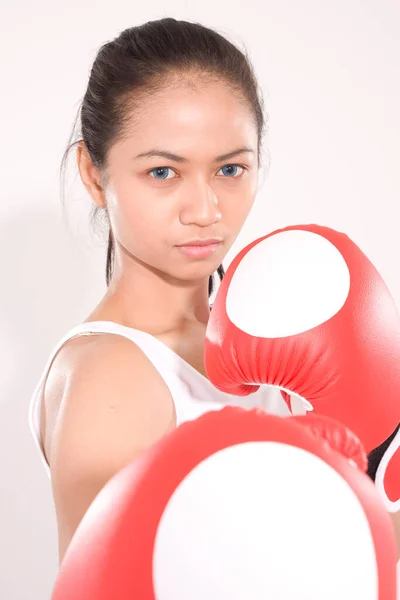 Bonito Muscular Jovem Beleza Mulher Asisn Vestindo Luvas Boxe — Fotografia de Stock