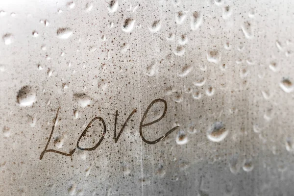 Inscription Love Wet Window Rain Greeting Card Valentines Day Holiday — Stock Photo, Image