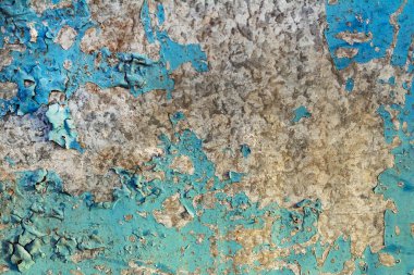 Paslı metal duvar mavi boya, arka plan dokusu üzerinde çatlaklar ile