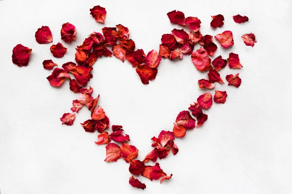 Petali di fiori rosa a forma di cuore su sfondo bianco per cartolina — Foto Stock