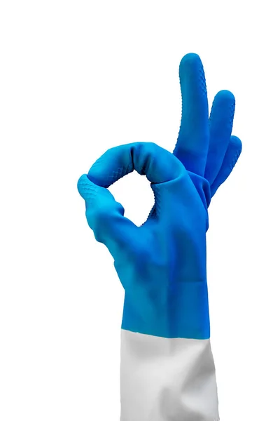 Hand in rubber blue glove shows ok sign, isolated object on white background. cleaning concept — Stock Photo, Image