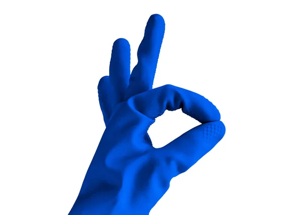 手在橡胶蓝色手套显示确定标志, 查出的对象在白色背景。清洁理念 — 图库照片