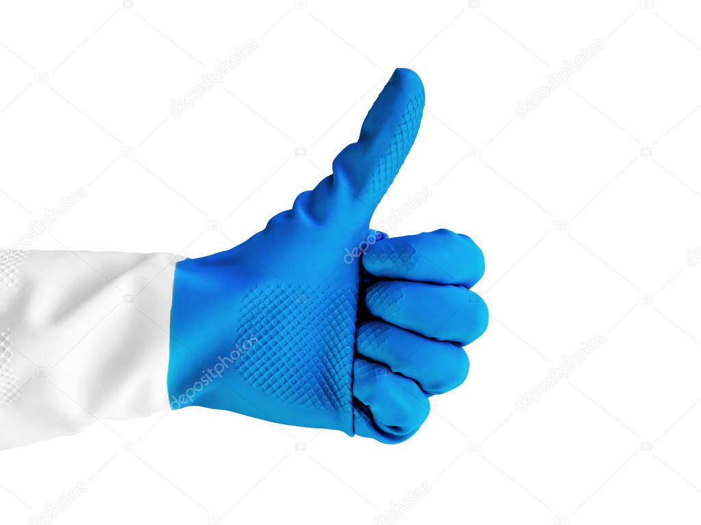 hand in blue rubber glove, shows thumb up isolated on a white background for design, for medicine, cleaning, hitchhiking concept.