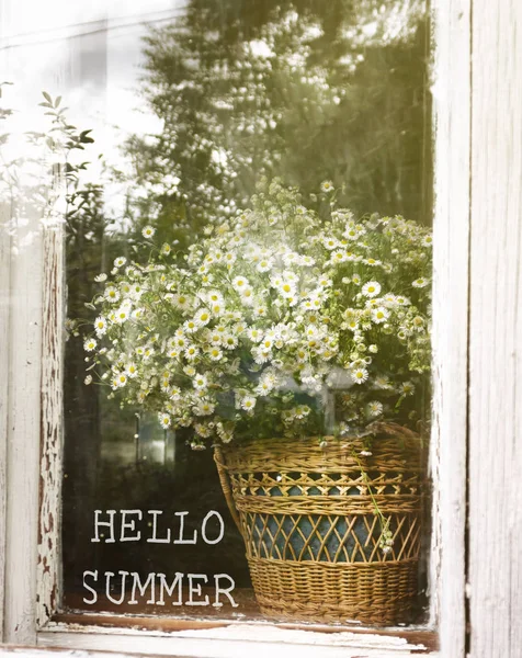 Das Konzept des Sommerbeginns, die Inschrift hallo Sommer vor dem Hintergrund eines Korbes — Stockfoto