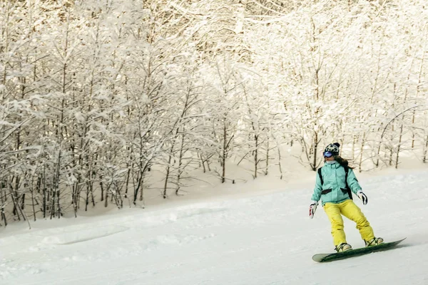Kšasa, Rusko-27. duben 2011: dívka v jasném obleku, brýle a bez přilby na snowboardu se kutálí po svahu, vlasy jí letí, slunce slunce svítí po stromech, oranžová tónování — Stock fotografie