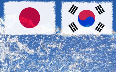 Japonya ve Güney Kore bayrağı mavi gökyüzüne karşı bir arktik buzdağı şeklinde buz parçasının ters ucunda boyanmıştır. soğuk savaş, ısınma arka plan, gergin siyasi ilişkiler