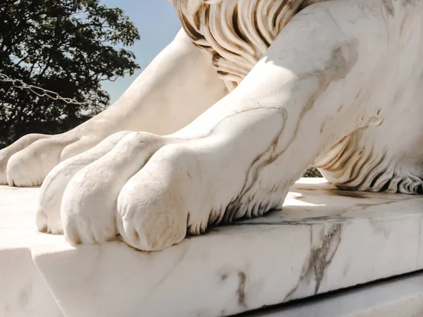 White sculpture close-up of marble paw of a lion on a pedestal in the sunlight — Stock Photo, Image