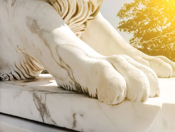 White sculpture close-up of marble powerful paw of a lion on a pedestal in the sunlight — Stock Photo, Image