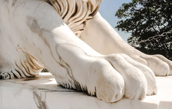 White sculpture close-up of marble paw of a lion on a pedestal in the sunlight — Stock Photo, Image