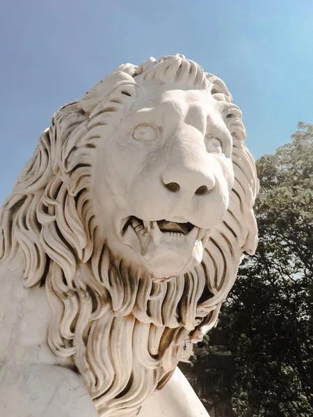 White sculpture close-up of a lion's head with open maw and mane in the sunlight — Stock Photo, Image