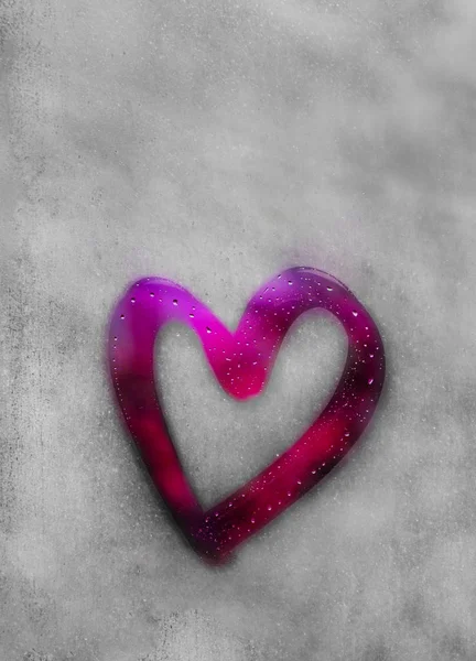 Purple heart outline painted on sweaty glass, many drops on it, inscription heart and love handmade on wet autumn foggy glass
