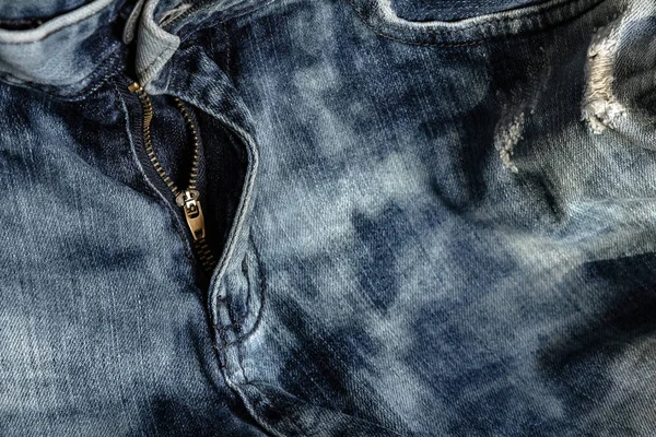 Mavi kot pantolon, denim doku, fermuarlı kot pantolon açık yakın çekim fermuar — Stok fotoğraf