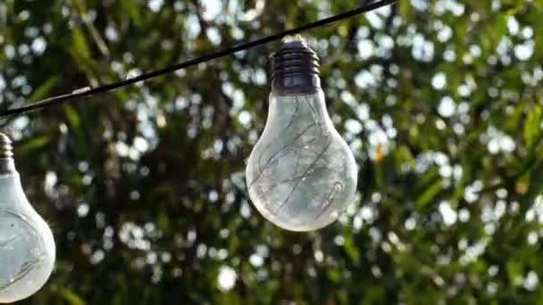 Garlands Lamp Stojanu Zahradě Lehké Venkovní Dekorace Žárovky Bokeh Outdoorové — Stock video