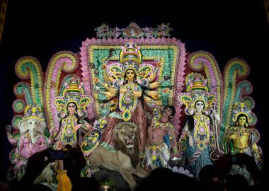 Durga Puja also known as Durgotsava or Sharodotsav, is an annual Hindu festival originating in the Indian subcontinent which reveres and pays homage to the Hindu goddess Durga and is also celebrated because of Durga's victory over Mahishasura. 